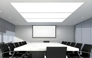 Modern ceiling lights in a bright office workspace providing uniform illumination