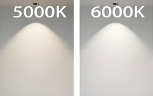 Comparação lado a lado dos efeitos da iluminação LED de 5000K e 6000K no mesmo ambiente.