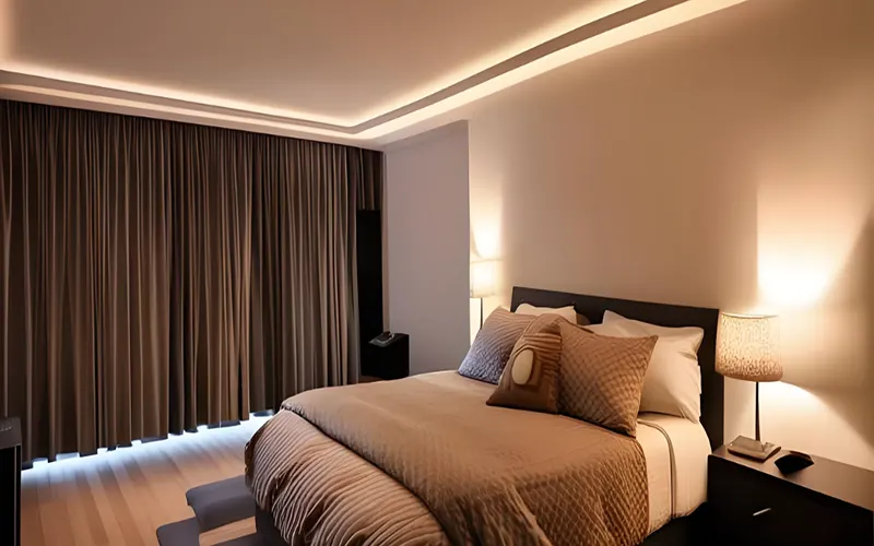 LED strip lighting in a bedroom ceiling cove providing modern indirect lighting