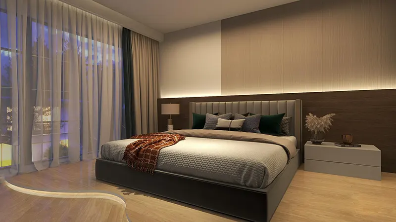 Bedroom strip lighting installed behind the headboard creating soft ambient illumination