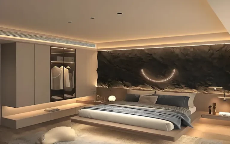 Under-bed LED strip lighting creating a warm soft glow in the bedroom